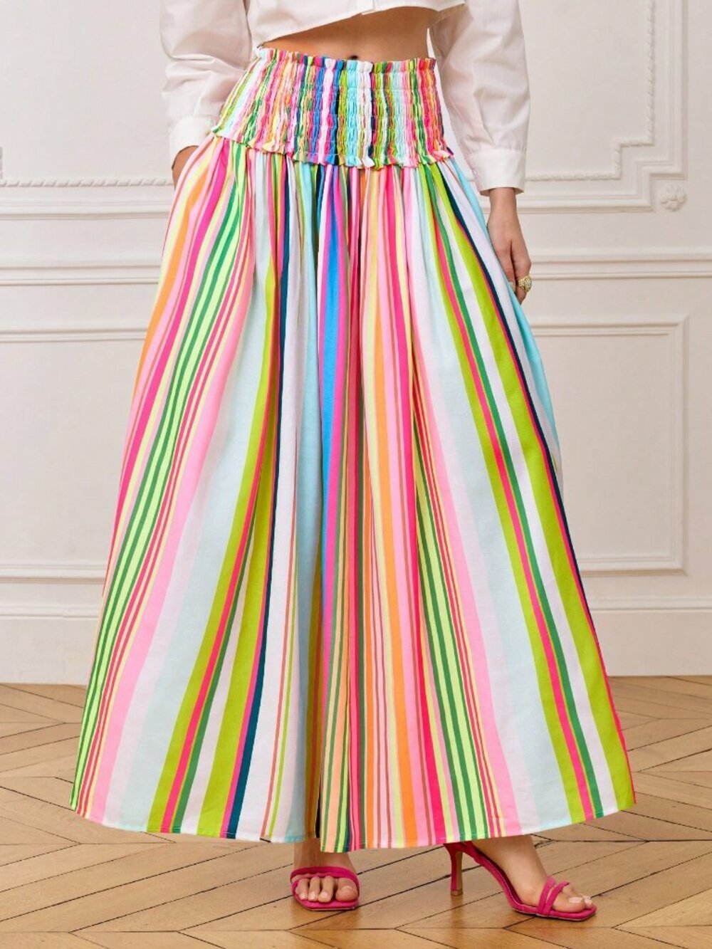 Pink Boho Women's Elegant Casual Colorful Striped Waist Ruched A-Line Skirt
